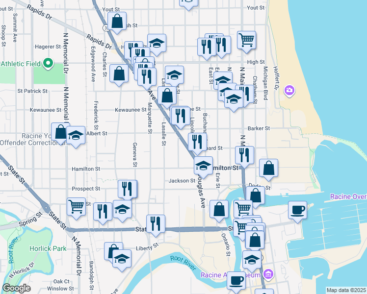 map of restaurants, bars, coffee shops, grocery stores, and more near 1235 Superior Street in Racine