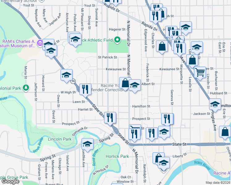 map of restaurants, bars, coffee shops, grocery stores, and more near 1233 Carlisle Avenue in Racine