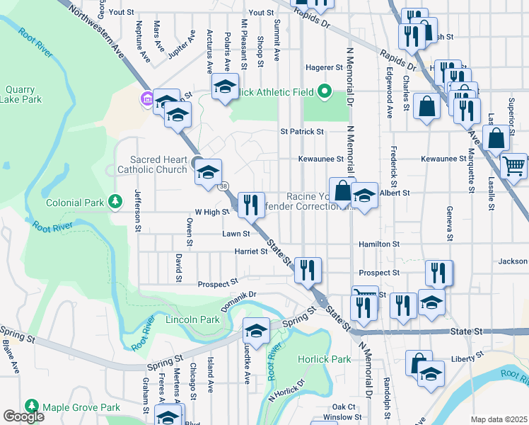 map of restaurants, bars, coffee shops, grocery stores, and more near 1948 State Street in Racine