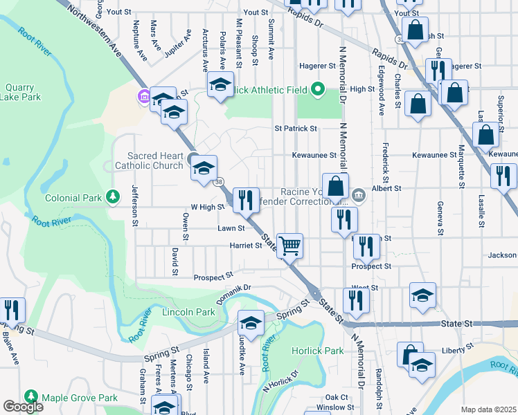 map of restaurants, bars, coffee shops, grocery stores, and more near 1948 State Street in Racine