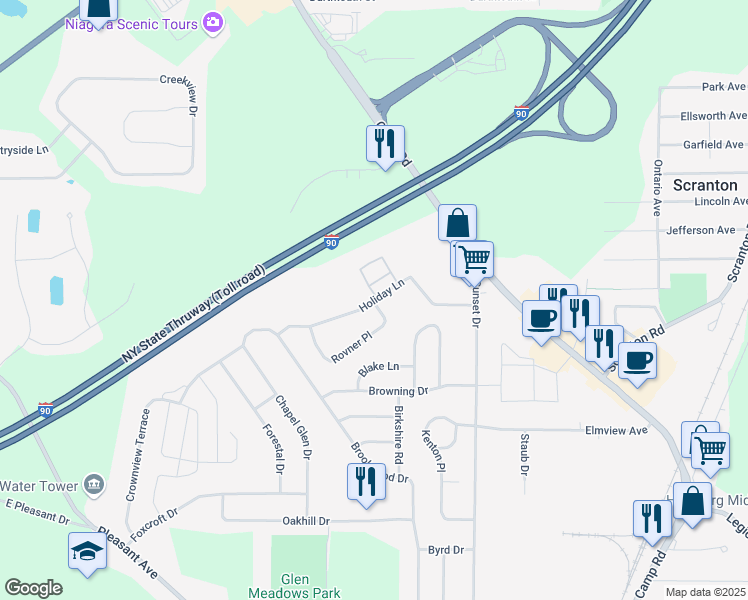 map of restaurants, bars, coffee shops, grocery stores, and more near 129 Holiday Lane in Hamburg
