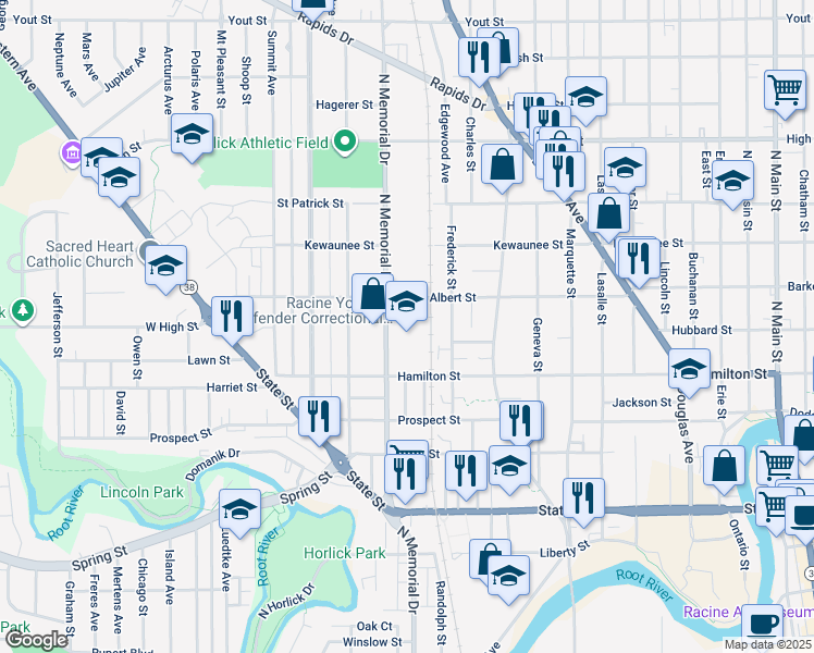 map of restaurants, bars, coffee shops, grocery stores, and more near 1501 Albert Street in Racine