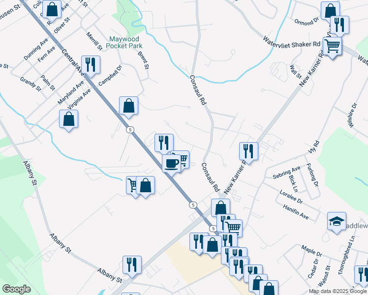 map of restaurants, bars, coffee shops, grocery stores, and more near 4 Neal Drive in Albany