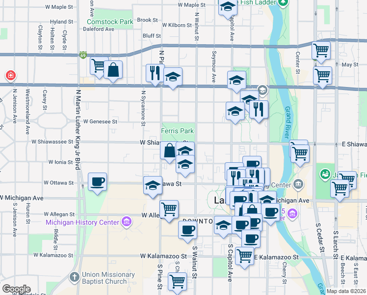 map of restaurants, bars, coffee shops, grocery stores, and more near 310 North Chestnut Street in Lansing