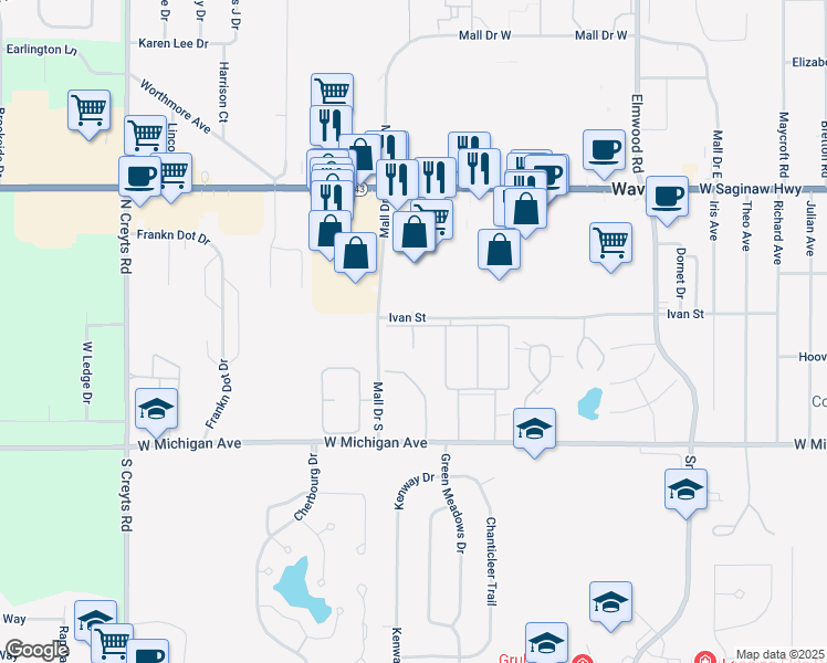 map of restaurants, bars, coffee shops, grocery stores, and more near 325 Parkwest Ct in Lansing