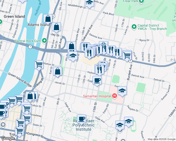 map of restaurants, bars, coffee shops, grocery stores, and more near 1203 Hutton Street in Troy