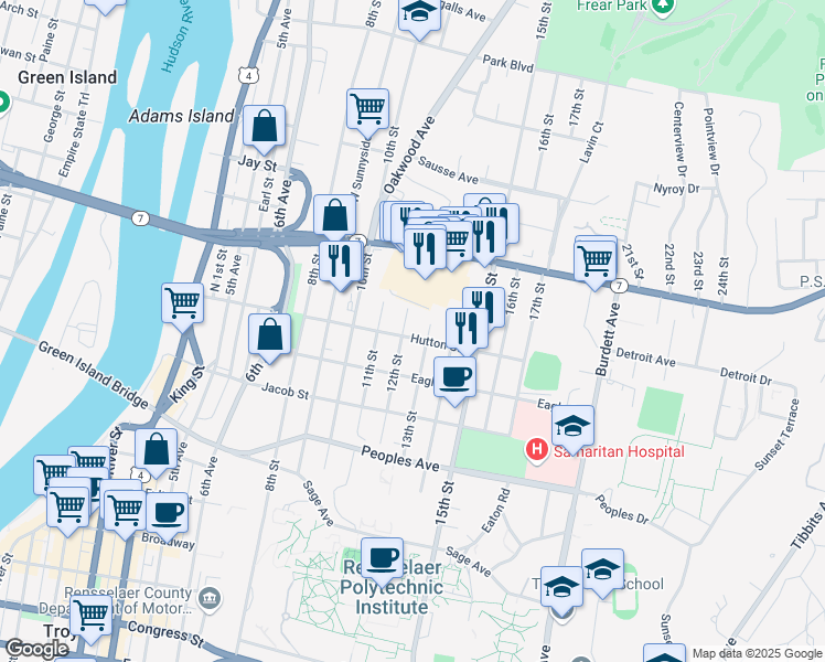 map of restaurants, bars, coffee shops, grocery stores, and more near 1203 Hutton Street in Troy