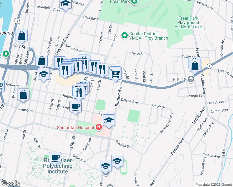 map of restaurants, bars, coffee shops, grocery stores, and more near in Troy