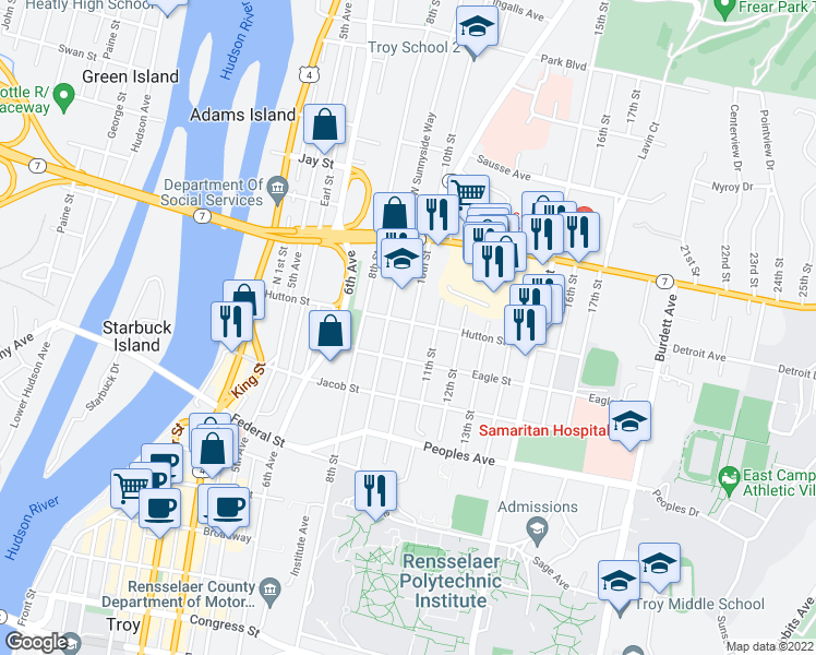 map of restaurants, bars, coffee shops, grocery stores, and more near 222 10th Street in Troy