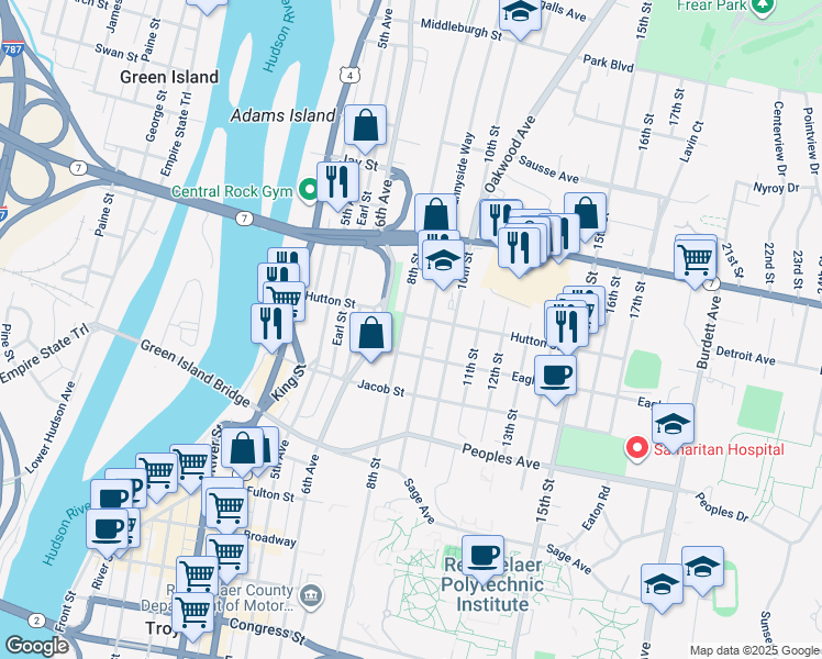 map of restaurants, bars, coffee shops, grocery stores, and more near 145 9th Street in Troy