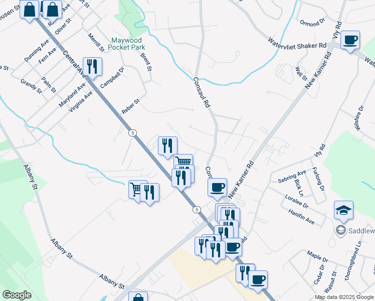 map of restaurants, bars, coffee shops, grocery stores, and more near 4 Neal Drive in Albany