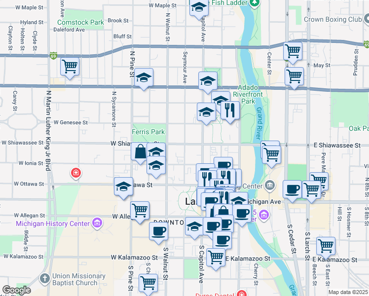 map of restaurants, bars, coffee shops, grocery stores, and more near 313 North Capitol Avenue in Lansing