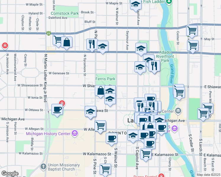 map of restaurants, bars, coffee shops, grocery stores, and more near 310 North Chestnut Street in Lansing