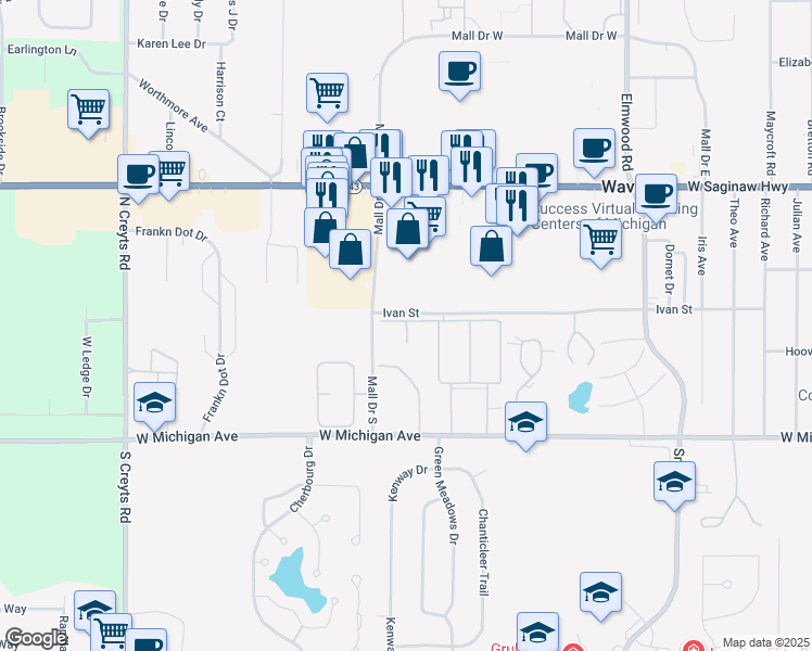 map of restaurants, bars, coffee shops, grocery stores, and more near 325 Parkwest Ct in Lansing