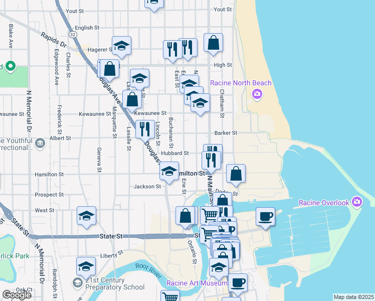 map of restaurants, bars, coffee shops, grocery stores, and more near 1232 North Wisconsin Street in Racine