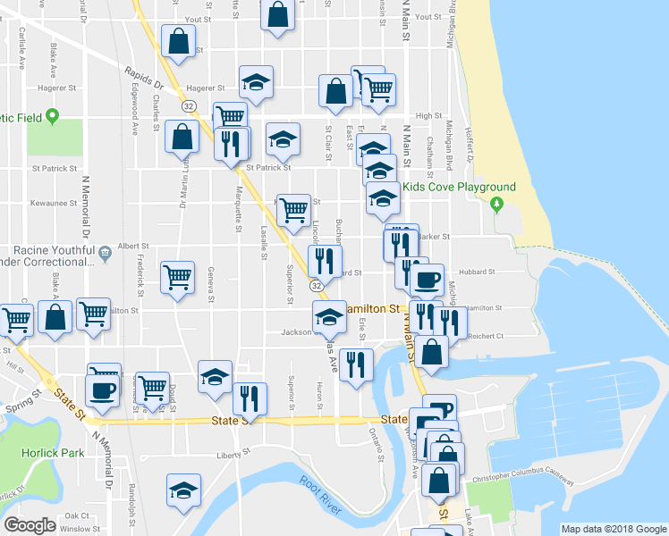 map of restaurants, bars, coffee shops, grocery stores, and more near 1245 Douglas Avenue in Racine