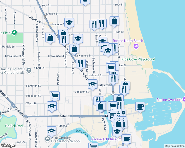 map of restaurants, bars, coffee shops, grocery stores, and more near 1300 Buchanan Street in Racine