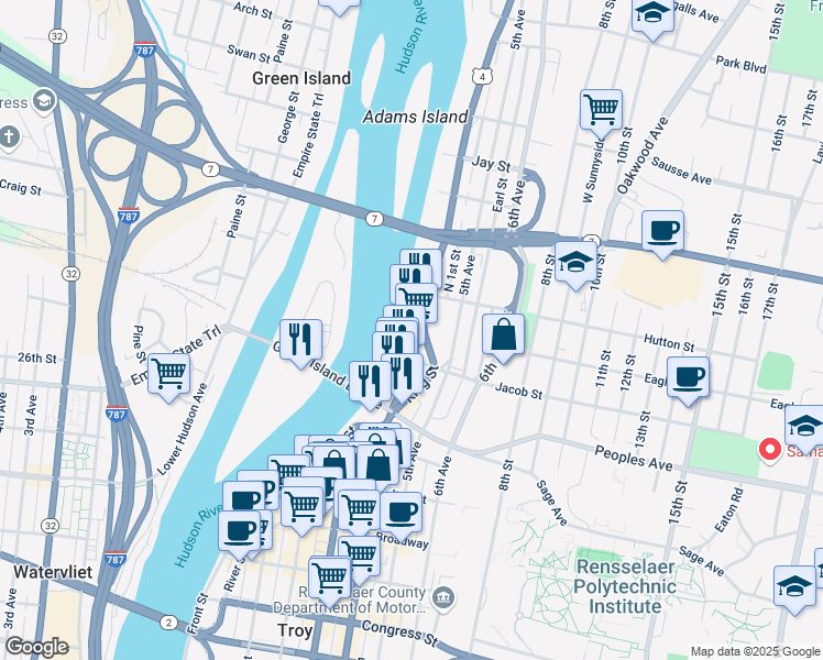 map of restaurants, bars, coffee shops, grocery stores, and more near 431 River Street in Troy