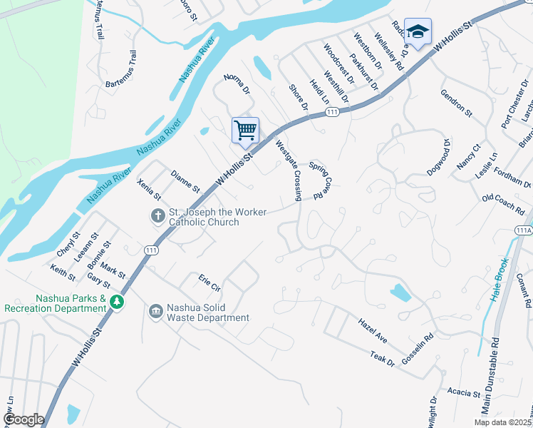 map of restaurants, bars, coffee shops, grocery stores, and more near 527 Candlewood Park in Nashua