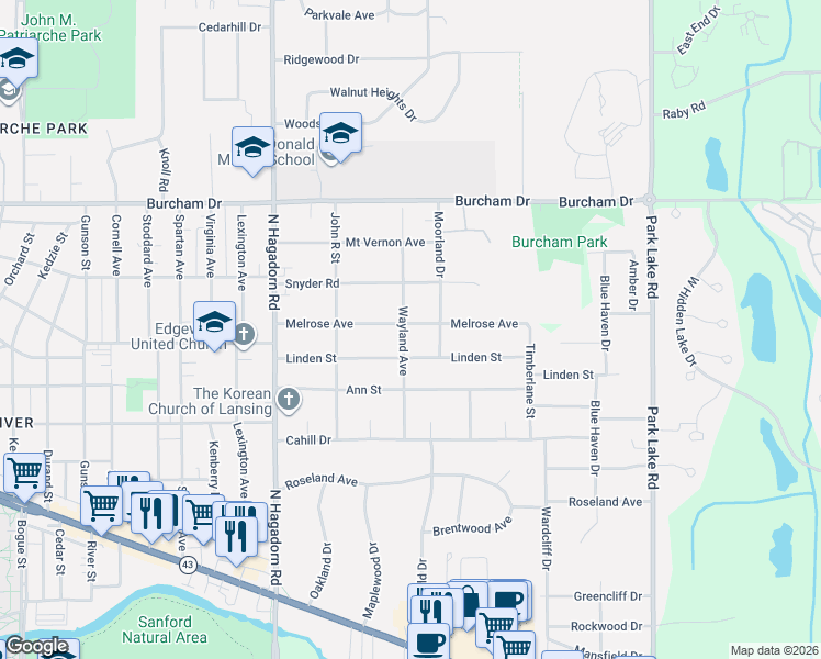 map of restaurants, bars, coffee shops, grocery stores, and more near 453 Wayland Avenue in East Lansing
