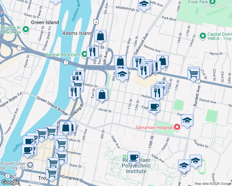 map of restaurants, bars, coffee shops, grocery stores, and more near 159 9th Street in Troy