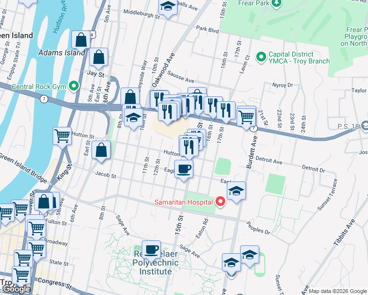 map of restaurants, bars, coffee shops, grocery stores, and more near 2398 14th Street in Troy