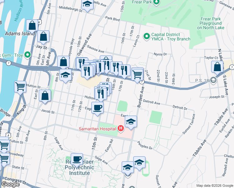 map of restaurants, bars, coffee shops, grocery stores, and more near 2325 17th Street in Troy