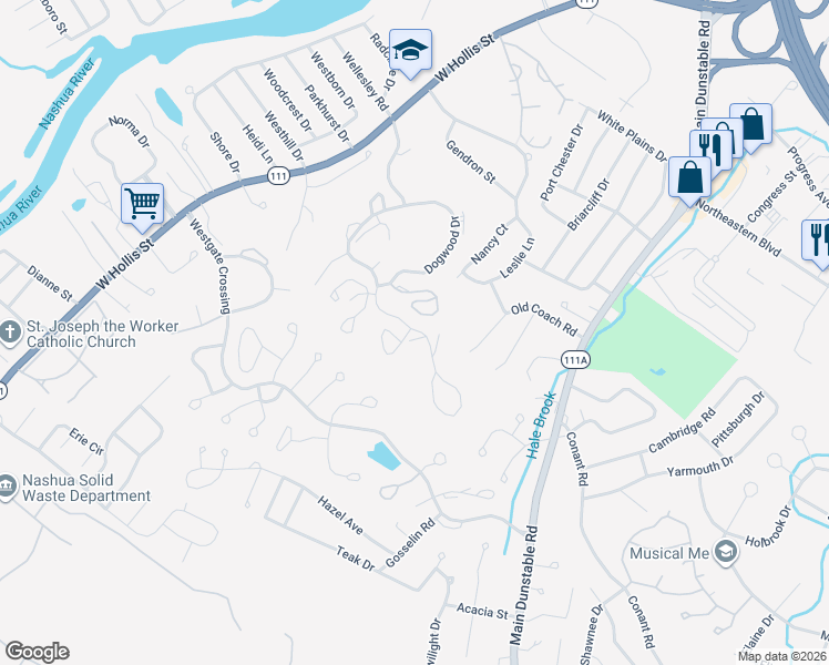 map of restaurants, bars, coffee shops, grocery stores, and more near 39 Ledgewood Hills Drive in Nashua
