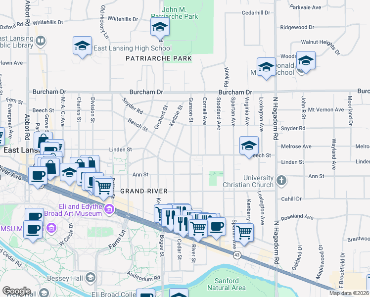 map of restaurants, bars, coffee shops, grocery stores, and more near 500 Gunson Street in East Lansing