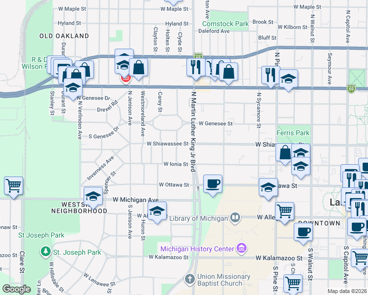 map of restaurants, bars, coffee shops, grocery stores, and more near 308 Bartlett Street in Lansing