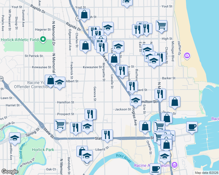 map of restaurants, bars, coffee shops, grocery stores, and more near 1232 Lasalle Street in Racine