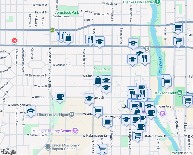 map of restaurants, bars, coffee shops, grocery stores, and more near 521 West Shiawassee Street in Lansing