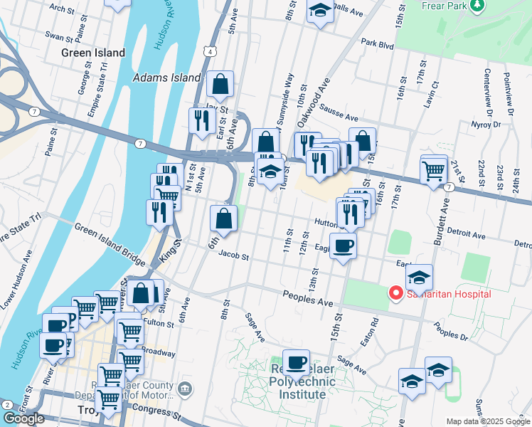 map of restaurants, bars, coffee shops, grocery stores, and more near 145 9th Street in Troy