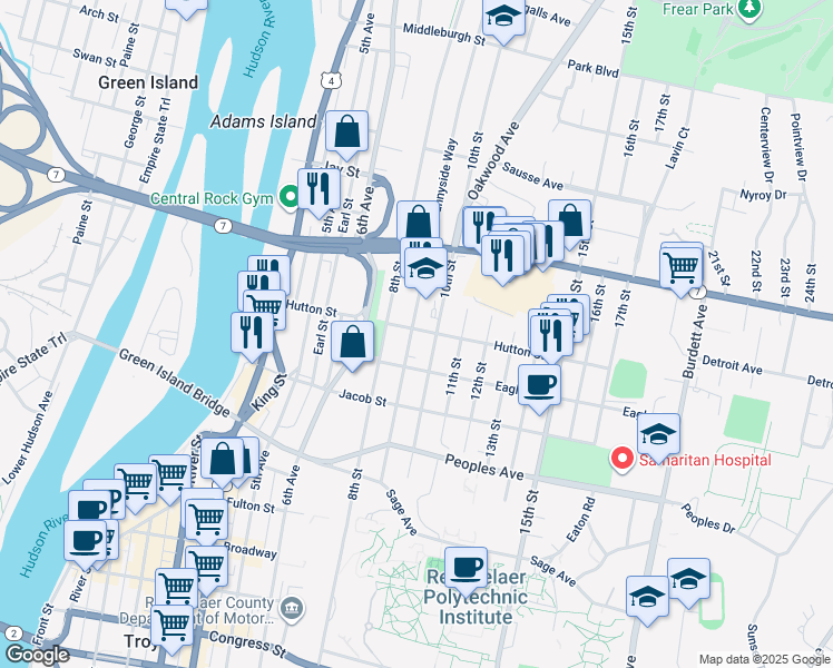 map of restaurants, bars, coffee shops, grocery stores, and more near 145 9th Street in Troy