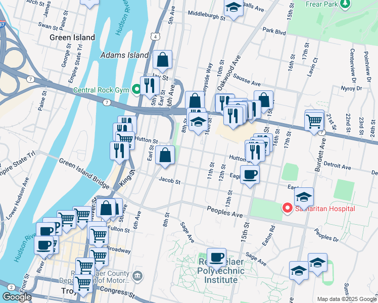 map of restaurants, bars, coffee shops, grocery stores, and more near 145 9th Street in Troy