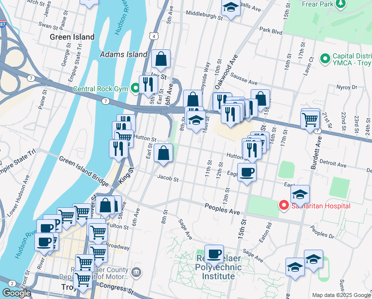 map of restaurants, bars, coffee shops, grocery stores, and more near 145 9th Street in Troy
