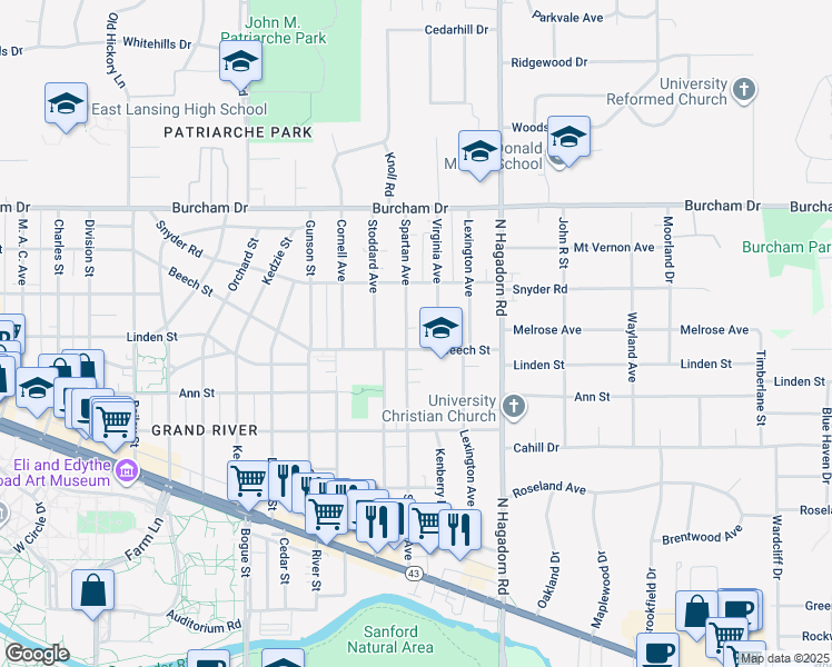 map of restaurants, bars, coffee shops, grocery stores, and more near 1330 Beech Street in East Lansing