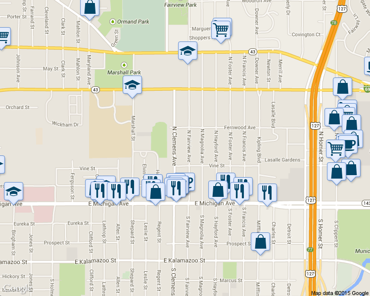 map of restaurants, bars, coffee shops, grocery stores, and more near 312 North Clemens Avenue in Lansing