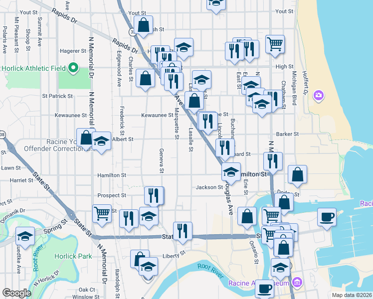 map of restaurants, bars, coffee shops, grocery stores, and more near 1232 Lasalle Street in Racine