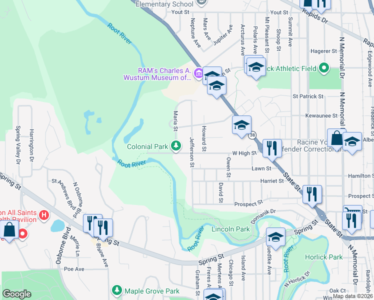 map of restaurants, bars, coffee shops, grocery stores, and more near 1315 Jefferson Street in Racine