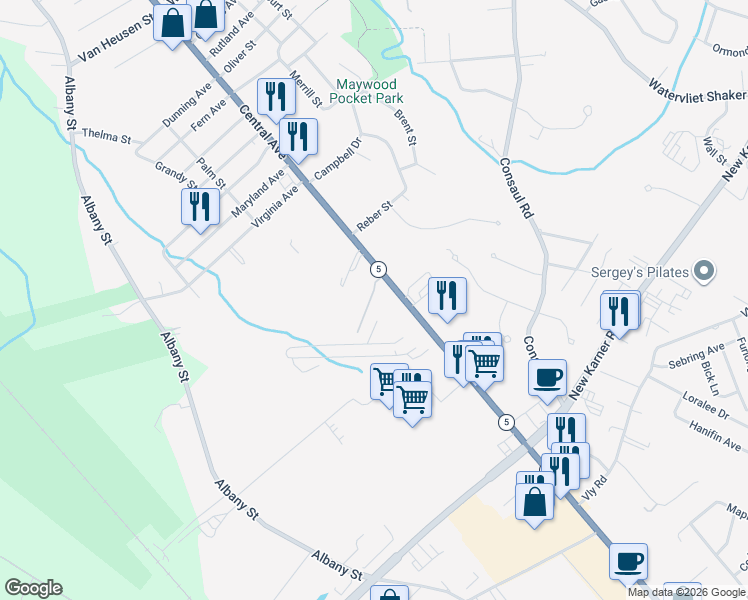 map of restaurants, bars, coffee shops, grocery stores, and more near 1942 Central Avenue in Albany