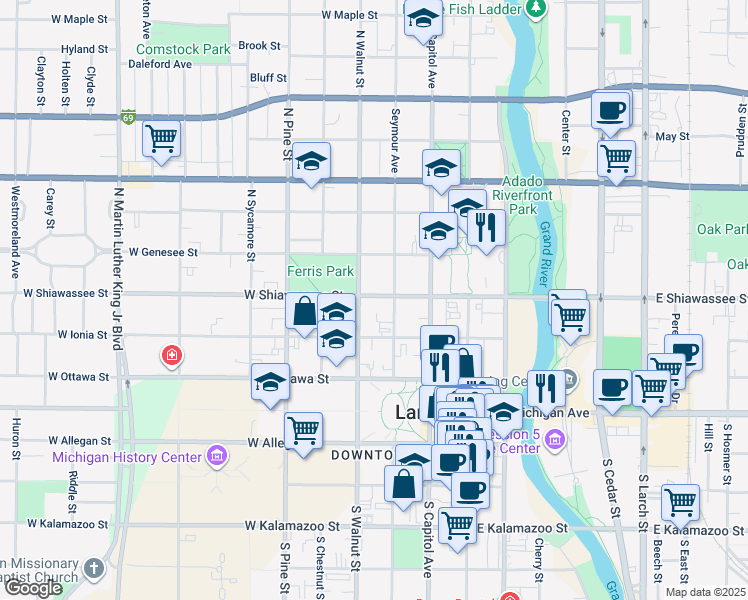 map of restaurants, bars, coffee shops, grocery stores, and more near in Lansing