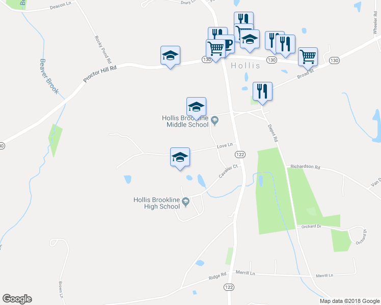 map of restaurants, bars, coffee shops, grocery stores, and more near 56 Love Lane in Hollis