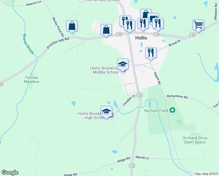 map of restaurants, bars, coffee shops, grocery stores, and more near 56 Love Lane in Hollis