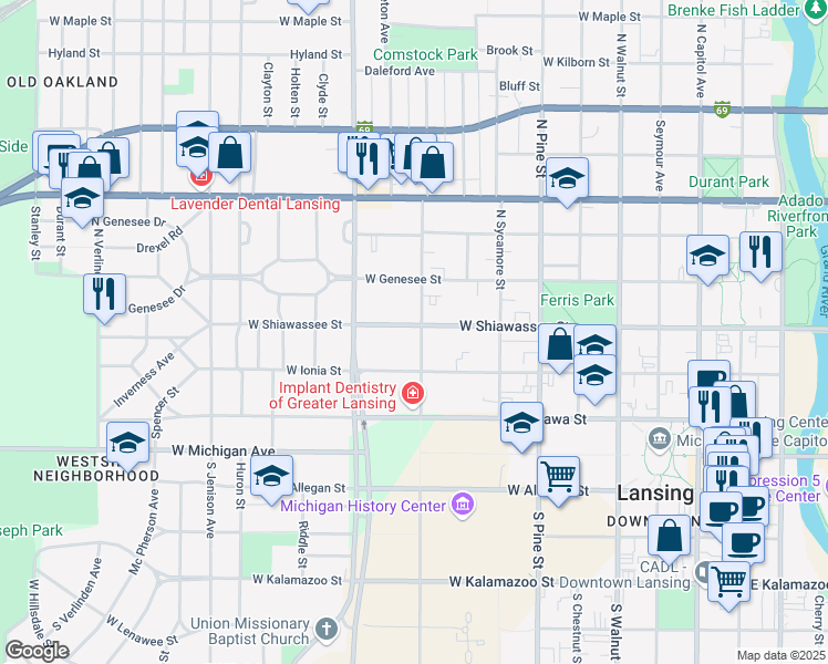map of restaurants, bars, coffee shops, grocery stores, and more near 901 West Shiawassee Street in Lansing