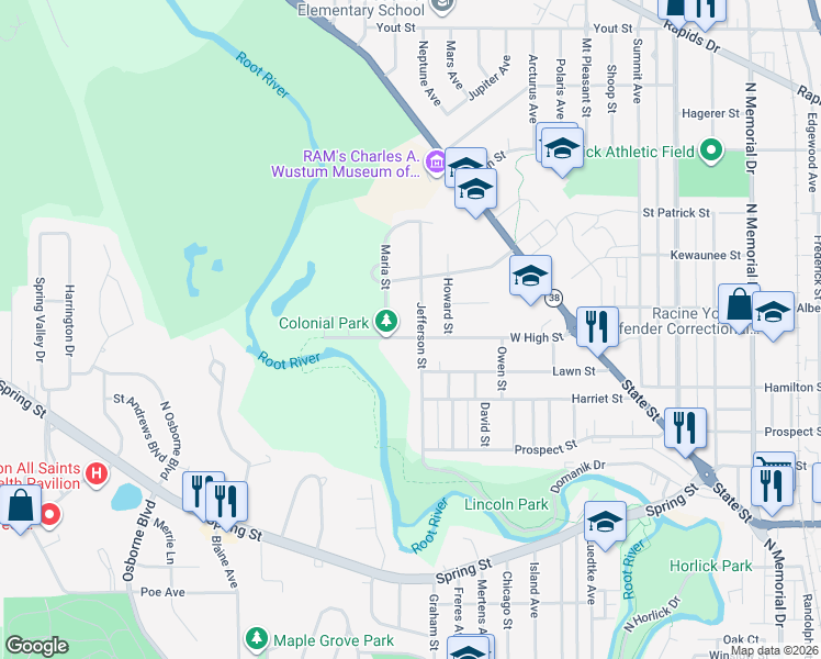map of restaurants, bars, coffee shops, grocery stores, and more near 1315 Jefferson Street in Racine