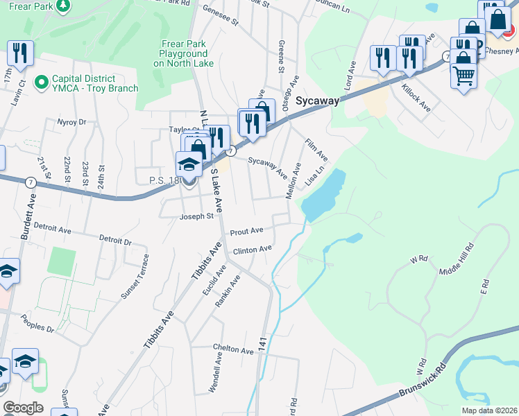map of restaurants, bars, coffee shops, grocery stores, and more near 17 Prout Avenue in Troy
