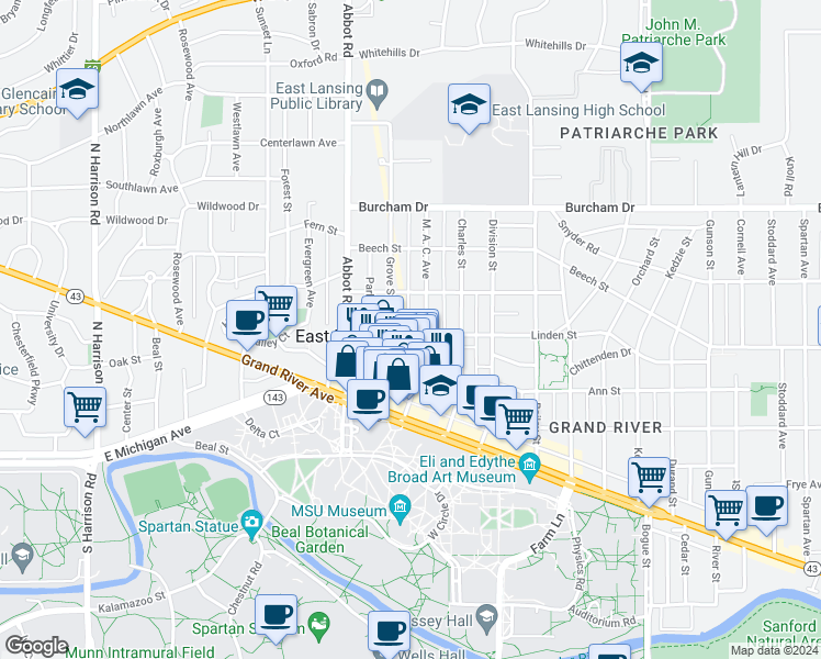 map of restaurants, bars, coffee shops, grocery stores, and more near 223 Linden Street in East Lansing