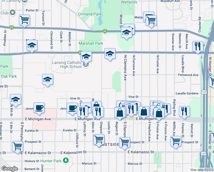 map of restaurants, bars, coffee shops, grocery stores, and more near 330 Marshall Street in Lansing