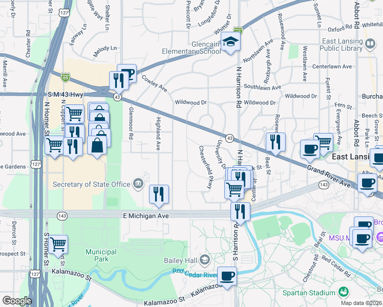 map of restaurants, bars, coffee shops, grocery stores, and more near 321 Kensington Road in East Lansing